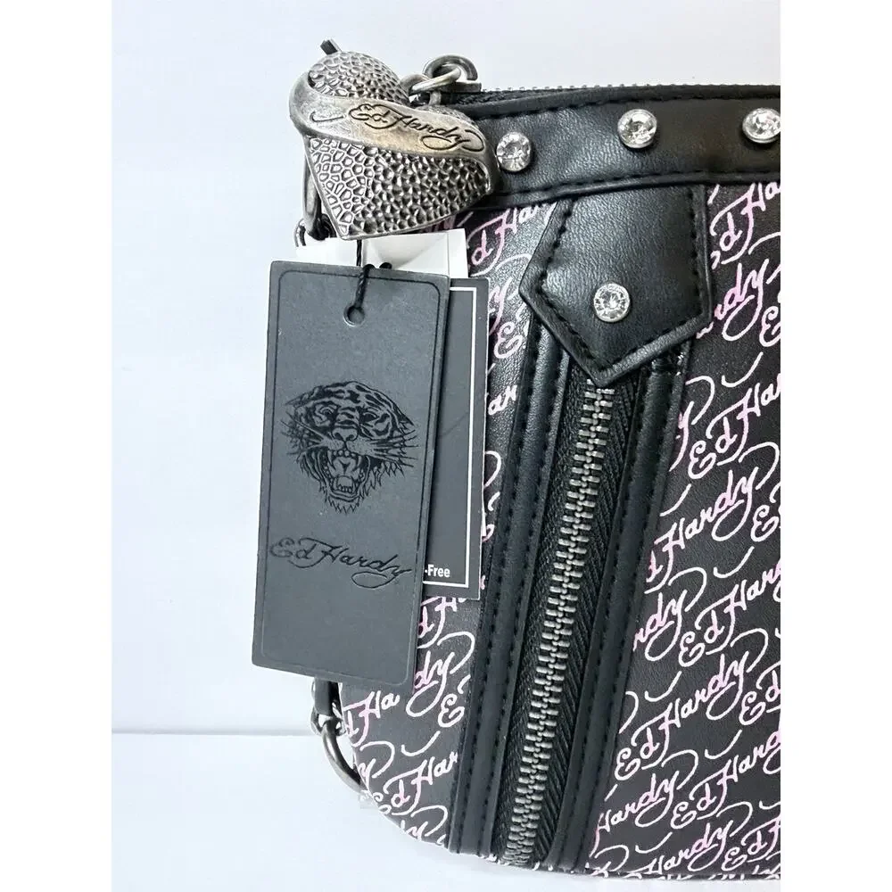 Ed Hardy Shoulder Bag Black Pink Skull Flames Tattoo & Rhinestons0